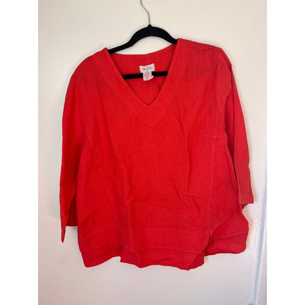 Mosaic V-Neck Linen Blouse Women Sz M Red Tunic Boho Minimalist Top USA Made